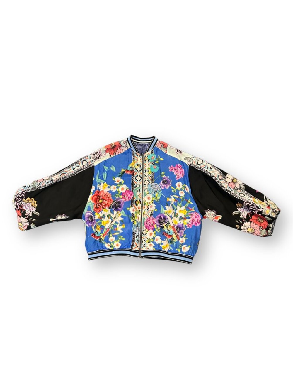 Johnny Was Reversible Floral Bomber Jacket Blue Print Boho Luxe Medium